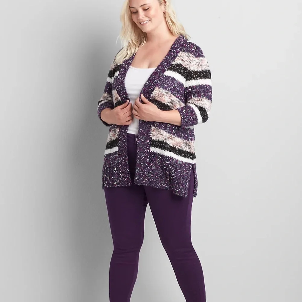 Lane Bryant 2X Fuzzy Purple Confetti Striped Open Front Duster Women’s Cardigan